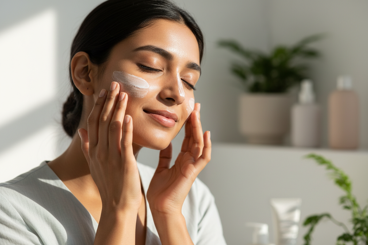 young Indian woman applying sunscreen
